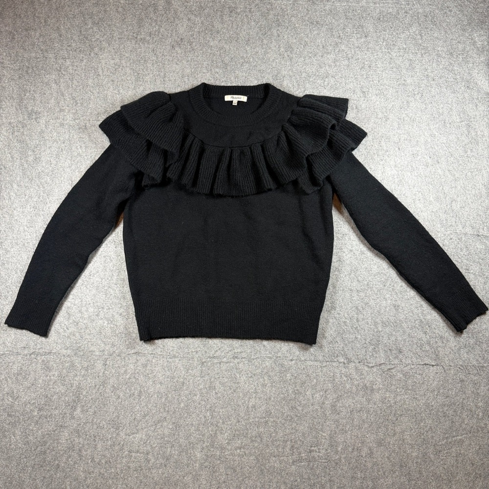 Madewell Womens Ruffle Tiered Collar Pullover Sweater S Black Merino Wool Blend